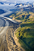 Aerial view of the Rohn Glacier flowing out of the Wrangell Mountains, Wrangell-St. Elias National Park, Alaska, USA