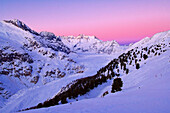 Sunset on the Aletsch glacier, the longest of the Alps, during wintertime. Riederalp municipality, Raron district, Valais, Switzerland