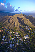 Aerial view of Diamond Head (mountain) off Waikiki Beach, Honolulu, Oahu, Hawaii, USA