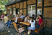 Cafe at open-air museum Muehlenhof, Muenster, Muensterland, North Rhine-Westphalia, Germany