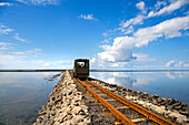 Narrow gauge railway to Nordstrandischmoor hallig, North Frisian Islands, Schleswig-Holstein, Germany