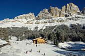 Mountain landscape in Winter with alpine hut, Karerpass, Rosengarten Group, Eggental valley, South Tyrol, Italy