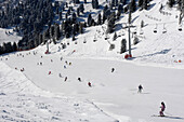 Skifahrer auf der Skipiste, Berglandschaft in Winter, Gherdeina, Gröden, Grödnertal, Südtirol, Italien
