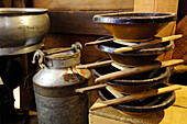 Cheese and butter production, Milk churns and containers, Local history museum in Tschoetscherhof, St. Oswald, Kastelruth, Castelrotto, South Tyrol, Italy