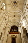 Interior view of Marienberg monastery with organ, Burgeis, Vinschgau, South Tyrol, Italy
