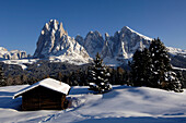 Holzhütte auf der verschneiten Seiser Alm im Sonnenlicht, Dolomiten, Südtirol, Italien, Europa