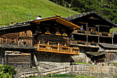 Bauernhäuser auf einer Almwiese im Sonnenlicht, Schnalstal, Vinschgau, Südtirol, Italien, Europa