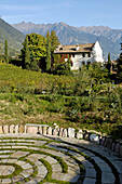 Labyrinth at the garden of vineyard Kränzel, Burggrafenamt, Etsch valley, Val Venosta, South Tyrol, Italy, Europe