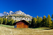Alpine hut at Passo di Costalunga, Dolomite Alps, South Tyrol, Italy