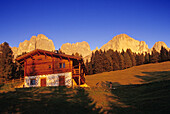 Alpine hut at Cima Catinaccio, Dolomite Alps, South Tyrol, Italy