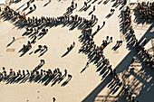 Top down view of long queues of people waiting to climb the Eiffel Tower in Paris