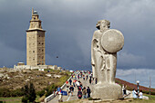 Breogán sculpture and Hercules tower in La Coruña. Galicia. Spain