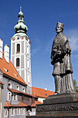 Saint John of Nepomuk statue. Cesky Krumlov. Czech Republic.