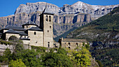 Torla church and paredes de Mondaruego, Ordesa National Park. Huesca province, Aragón, Spain