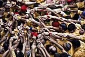 Castellers' building human towers, a Catalan tradition. Barcelona province, Catalonia, Spain