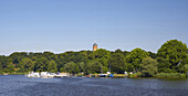 View over river Havel to Flatow tower, Potsdam, Brandenburg, Germany