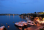 Es Castell, Restaurants in the harbour in the evening light, Minorca, Balearic Islands, Spain