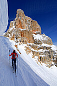 Backcountry skier ascending, Hohe Gaisl, Sexten Dolomites, Trentino-Alto Adige/Südtirol, Italy