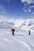 Two backcountry skiers, Marchkopf, Hochfuegen, Zillertal, Tyrol, Austria