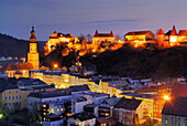 View to old town with castle at night, Burghausen, Upper Bavaria, Germany