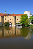 Stadtbrille (town fortification) over river Vils, Amberg, Upper Palatinate, Bavaria, Germany