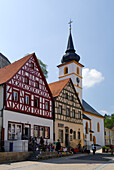Half-timbered houses and church, Pottenstein, Upper Franconia, Bavaria, Germany