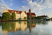 View over river Isar to Saint Roch chapel, Landshut, Lower Bavaria, Bavaria, Germany