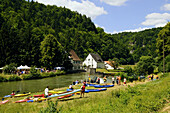 Canoes at river Pegnitz, Franconian Switzerland, Upper Franconia, Bavaria, Germany