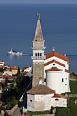 Piran, old town peninsula, italian style, St Georges Church, Belfry, Baptistry, Gulf of Piran, Adriatic sea, Slovenia
