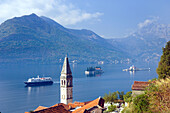 Church steeples and Lake Kotor with the village of Perast, Montenegro and its island churches