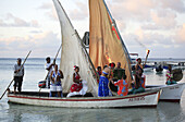 Mauritius, Trou aux Biches, sega dance troupe in a sailboat