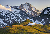 Sunset over NE face of Mount Shuksan 9131 feet, 2783 meters with view of the Price Glacier, North Cascades Washington