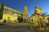Santa Marias fountain and cathedral  (16th century) in Santa Maria square at dusk, Baeza. Jaen province, Andalucia, Spain