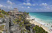 Beach and Mayan ruins of Tulum (1200-1524). Quintana Roo, Mayan Riviera, Yucatan Peninsula, Mexico