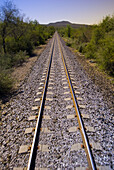 Train tracks of the Chihuahua al Pacifico Railroad Chepe train, near the Copper Canyon, Mexico