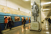 A statue of Zoya Kosmodemyanskaya brave woman partisan fighter during WWII at Partisanskaya metro station, Moscow, Russia