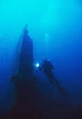 Diver at ship wreck in front of the Tarifa coast. Cadiz province, Andalucia, Spain