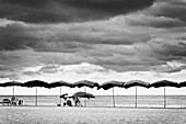 Grupo de sombrillas solitarias en la playa al final del verano. Cielo de tormenta.