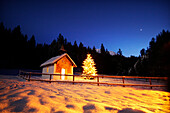 Kapelle mit Weihnachtsbaum bei Nacht, Elmau, Bayern, Deutschland