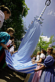 Rising Bavarian flag at maypole, Ammerland, Muensing, Bavaria, Germany