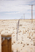 Telefonmasten und Zaun, Namibwüste, Große Spitzkoppe im Hintergrund, Namibia, Afrika