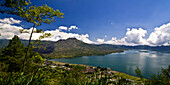 Panoramic view to Lake Batur and Gunung Batur from viewpoint Penelokan , Bali Indonesia