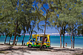 La Pointe aux Canonniers public beach , filoas trees, ice cream car,  north east coast Mauritius, Africa