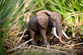 Spielzeug Elefant steht im Gras