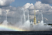 RUSSIA  The view across the River Neva towards the Peter and Paul Fortressm through fountain display which floats on the river   Saint Petersburg
