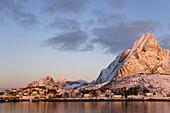 Village of Reine at sunrise in winter. Lofoten, Norway