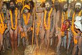 Naga Sadhus preparing for bathing in The holy river Ganges at Kumbh Mela Festival. Allahabad, Uttar Pradesh, India