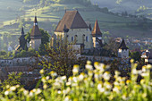 View over village & fortified church, Biertan, Transylvania, Romania