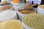 Sana Bazaar, selling pulses. Yemen