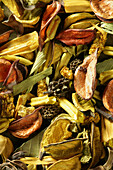 Red, orange, yellow, green dried flowers textures